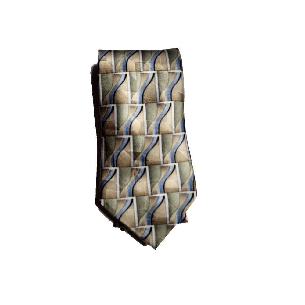Mens Stanford Geometric Golden Tan Blue Neck Silk Tie 58” L x4” W Classic Power